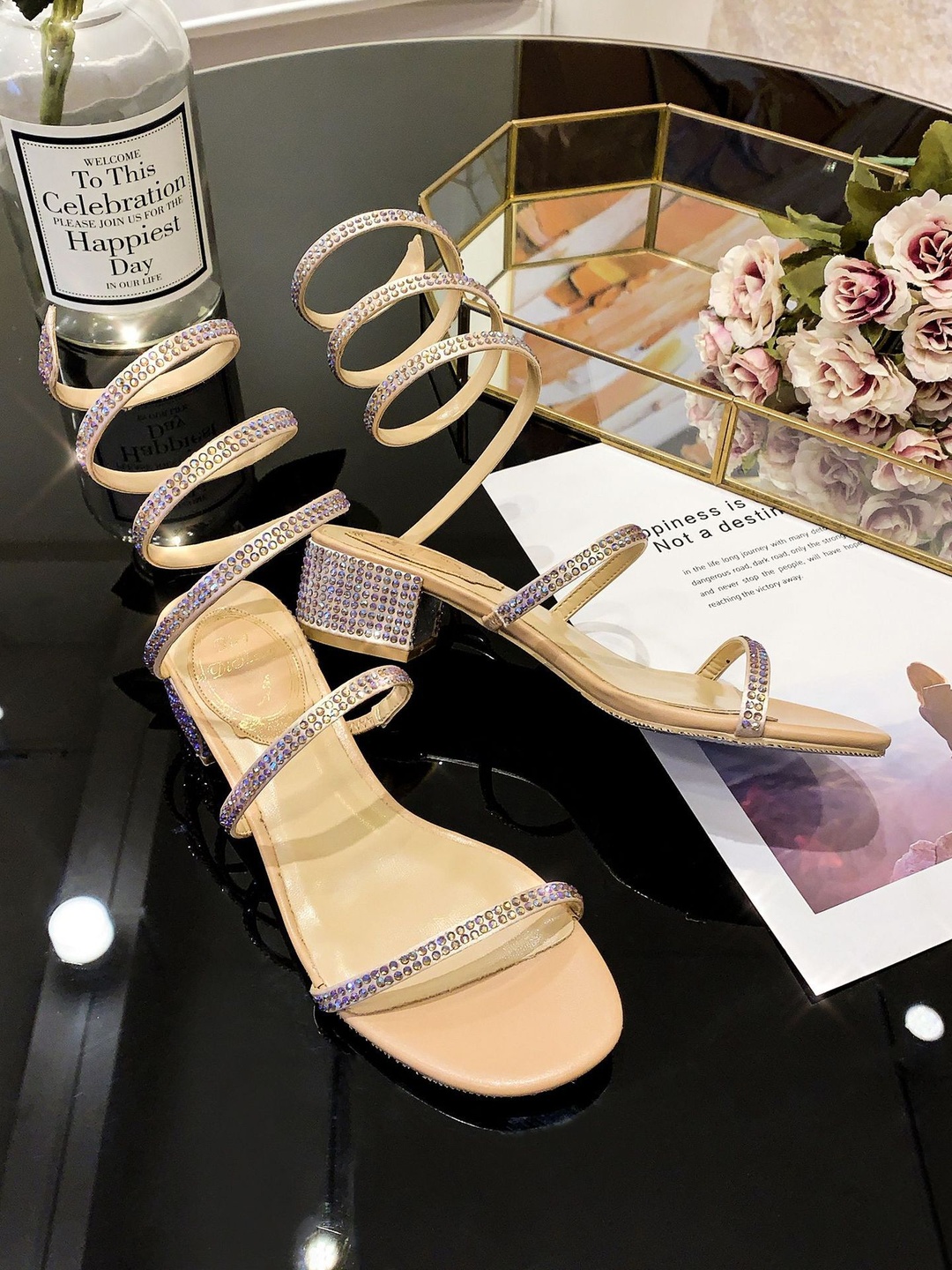 Nude Embellished Low Heel Sandals