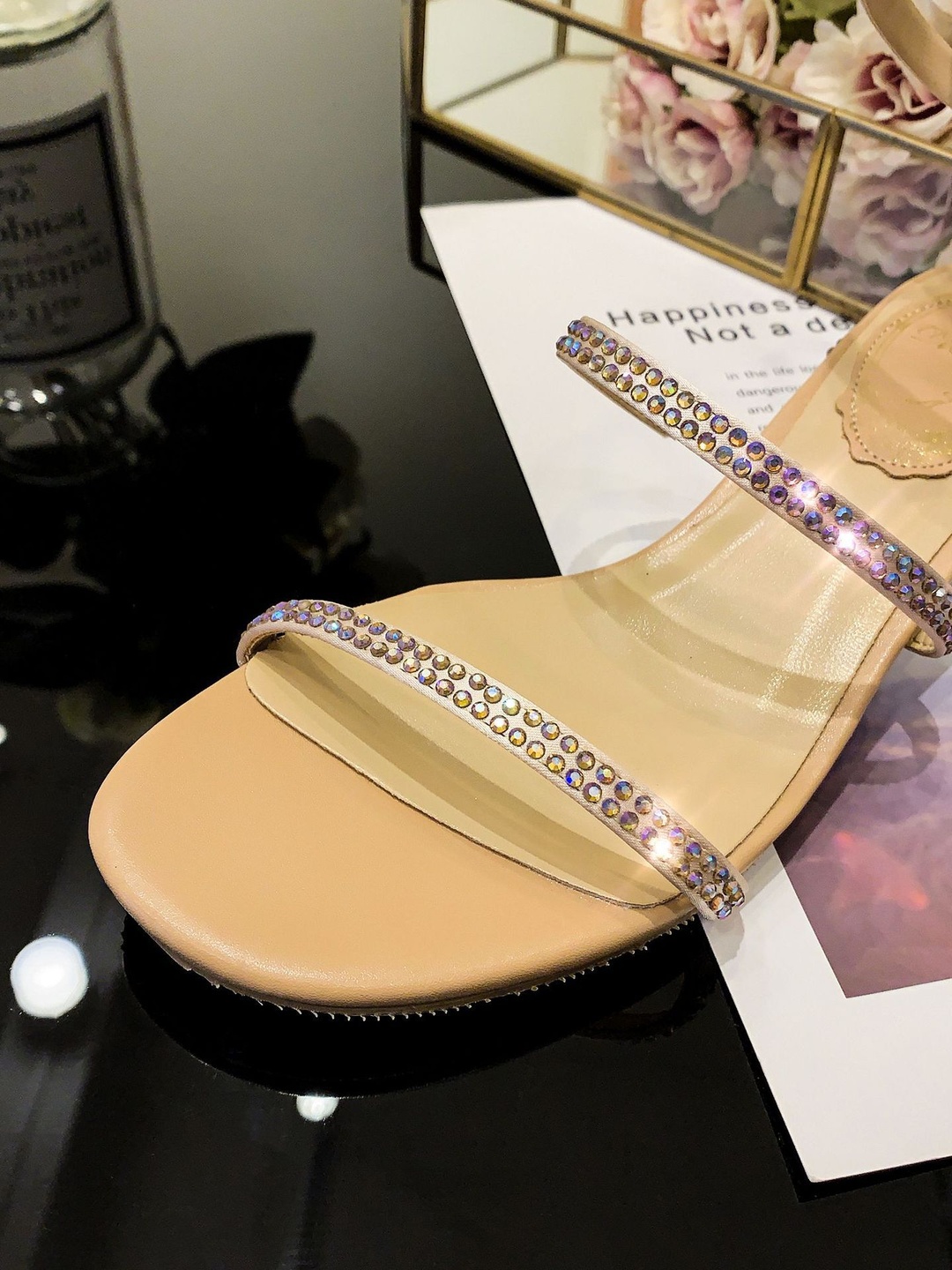 Nude Embellished Low Heel Sandals