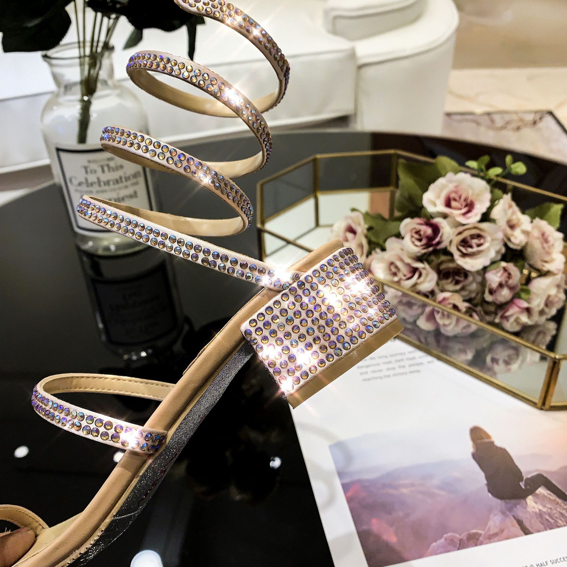 Nude Embellished Low Heel Sandals