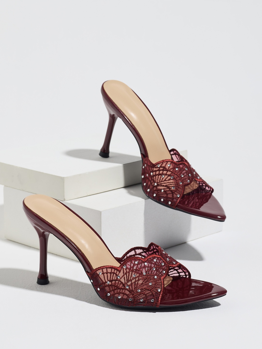 Maroon Rhinestone Lace Stiletto Mules