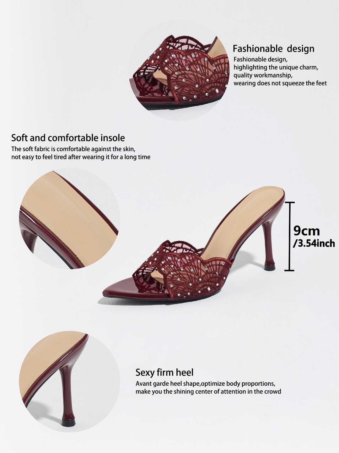Maroon Rhinestone Lace Stiletto Mules