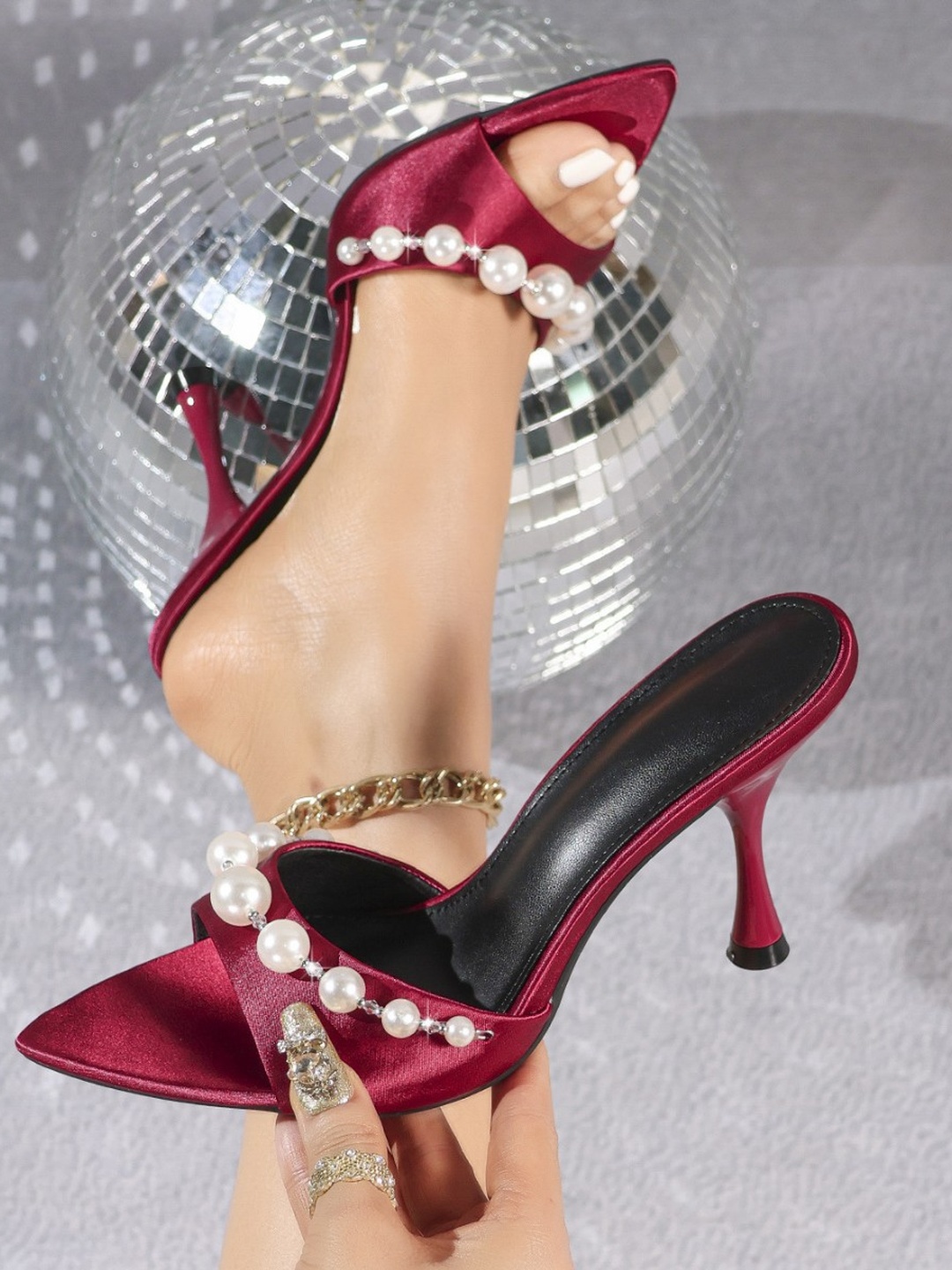 Maroon Pearl Embellished High Heel Mules