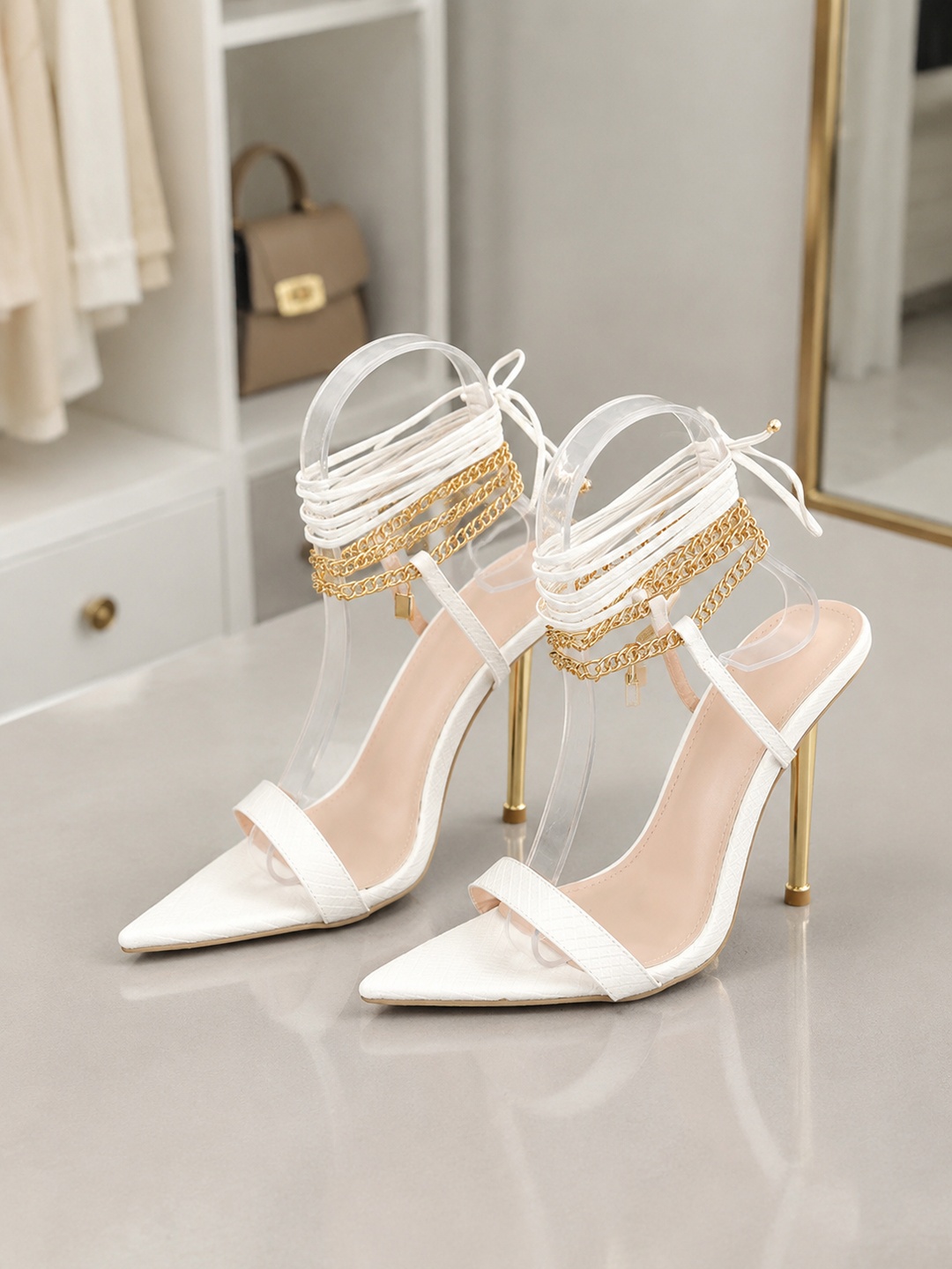 White Stiletto Sandals with Gold Chain Ankle Wrap