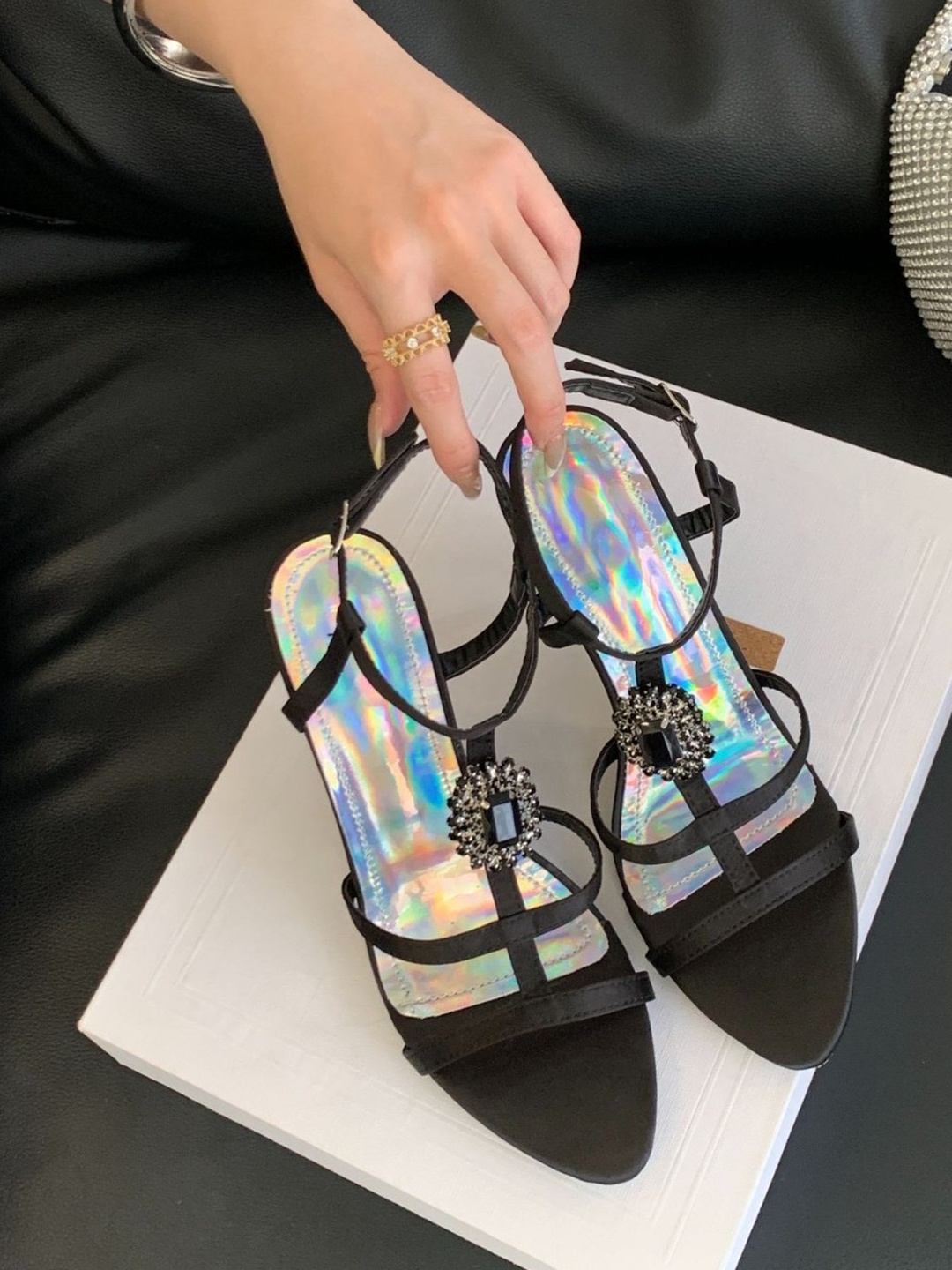 Black Rhinestone Stiletto Sandals for Women