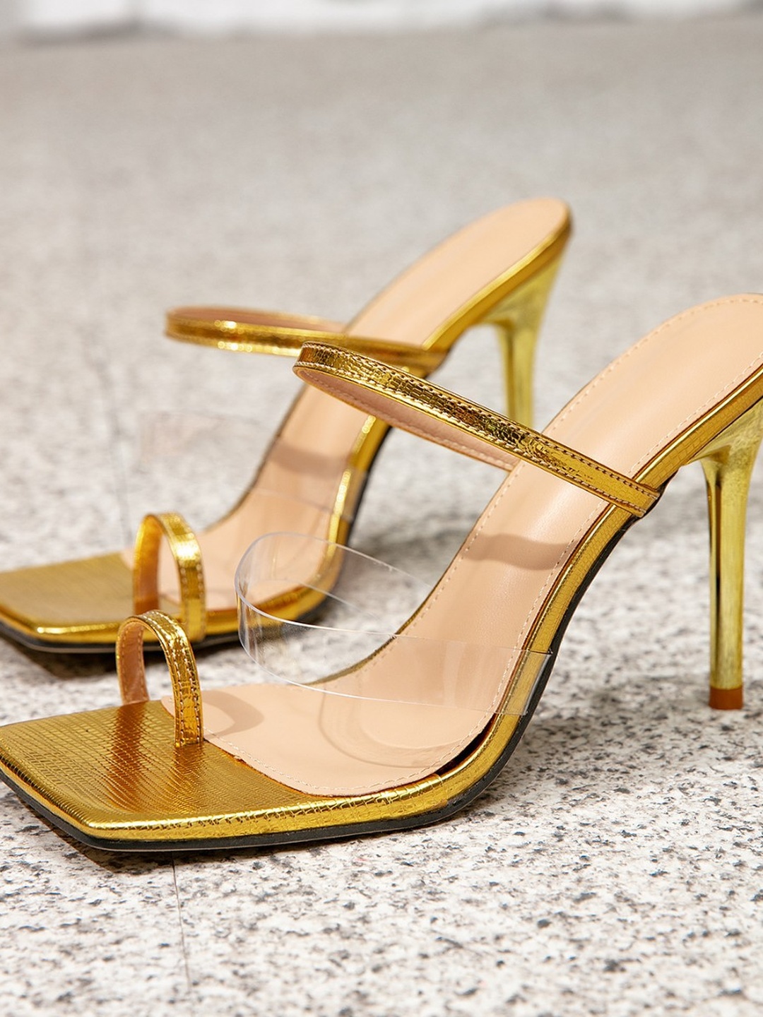Golden Open Toe Mules with Clear Straps - High Heel