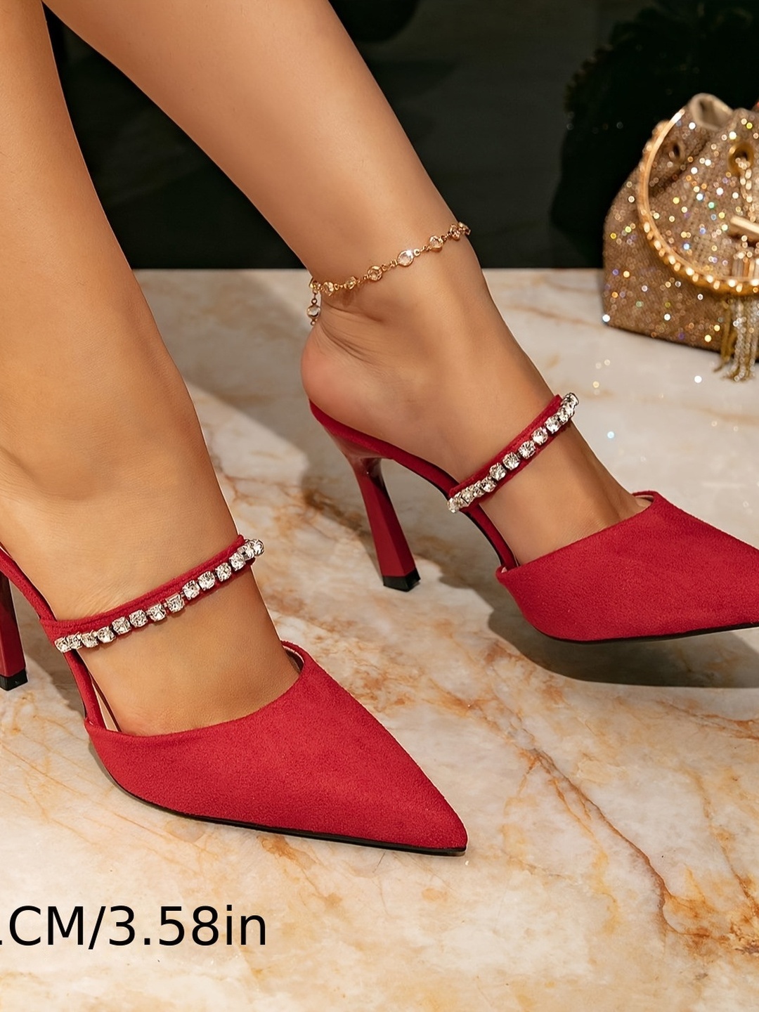 Red Suede Pointed Mules with Rhinestone Strap