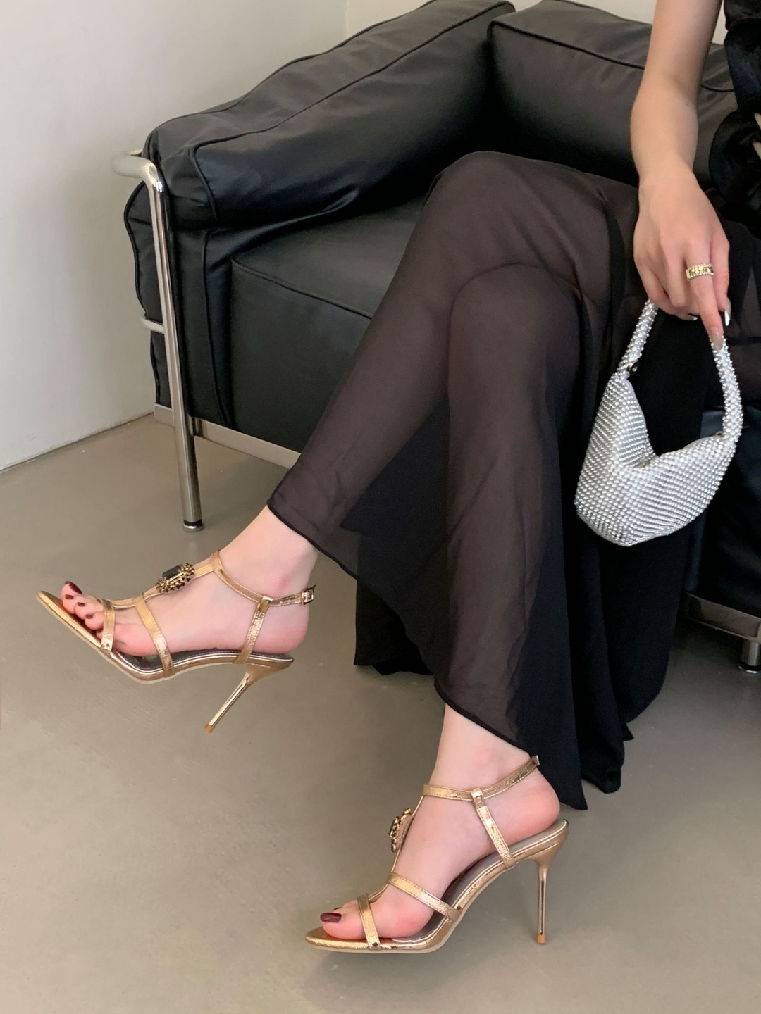 Gold Stiletto Sandals with Embellishments
