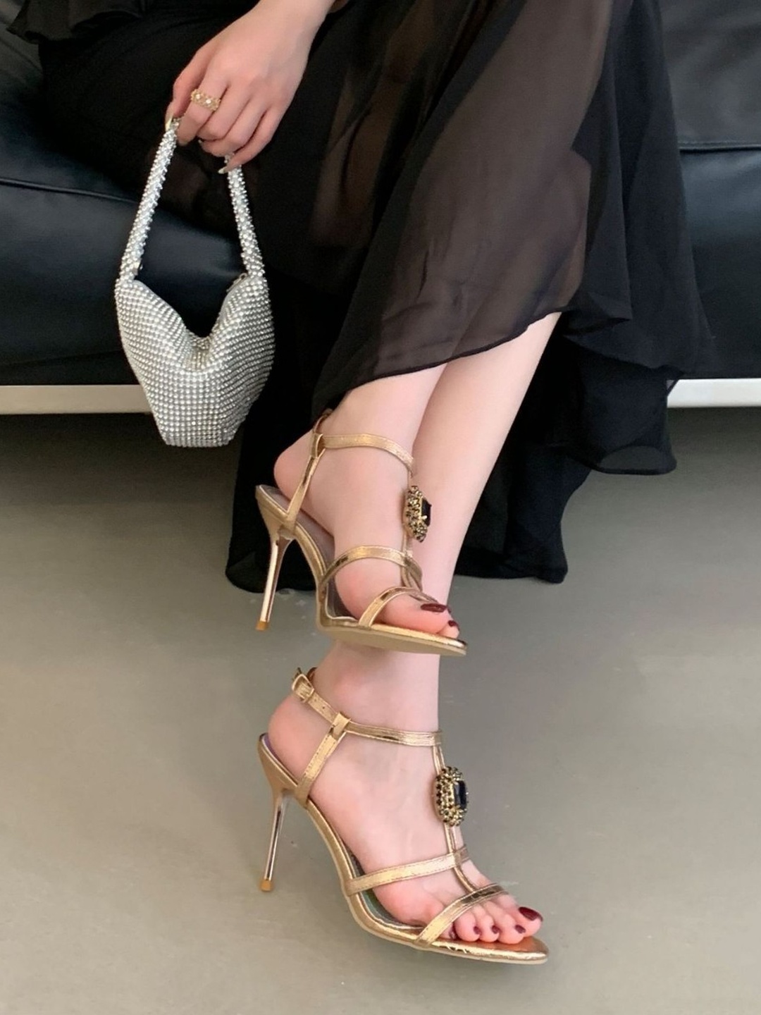 Gold Stiletto Sandals with Embellishments