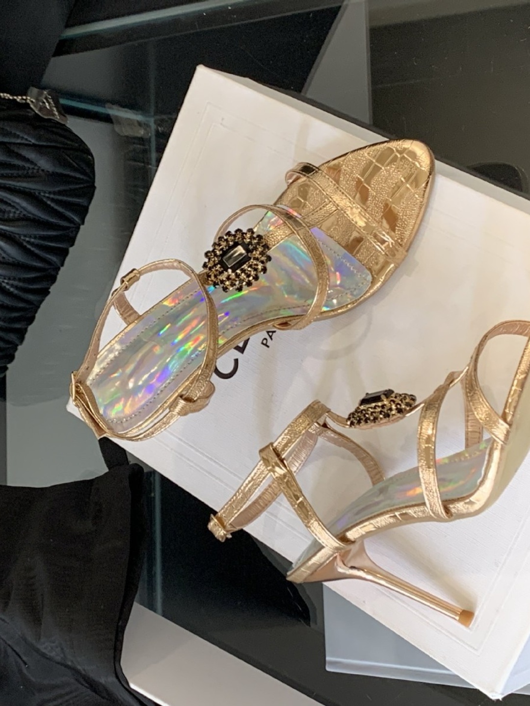 Gold Stiletto Sandals with Embellishments