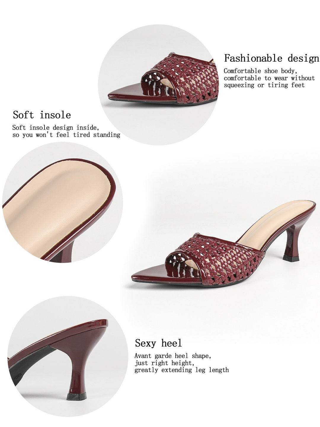 Burgundy Woven Open Toe Mid-Heel Mules