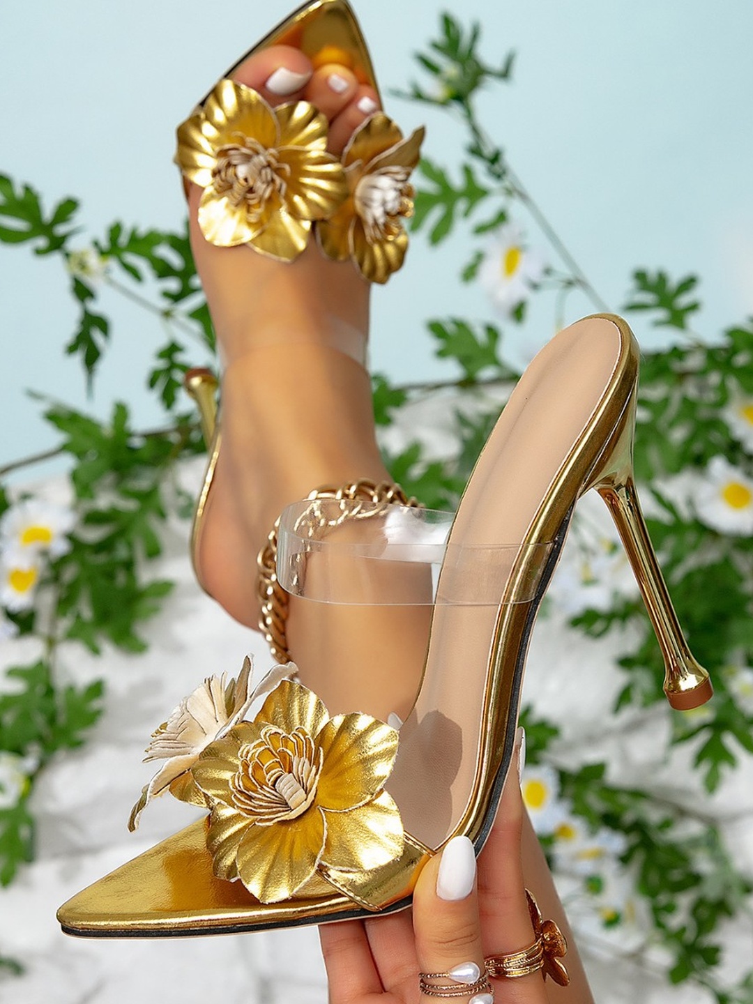 Gold Pointed-Toe Stiletto Mules with Clear Strap and Flower Decor