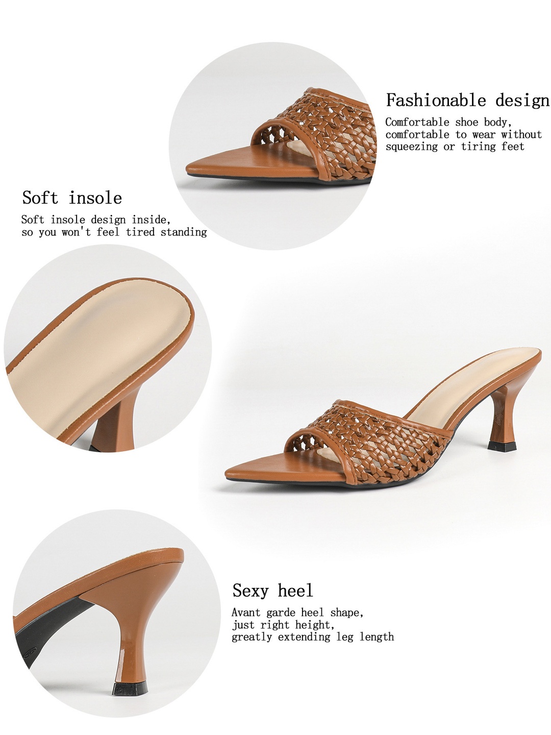 Brown Woven Mid-Heel Mules for Women