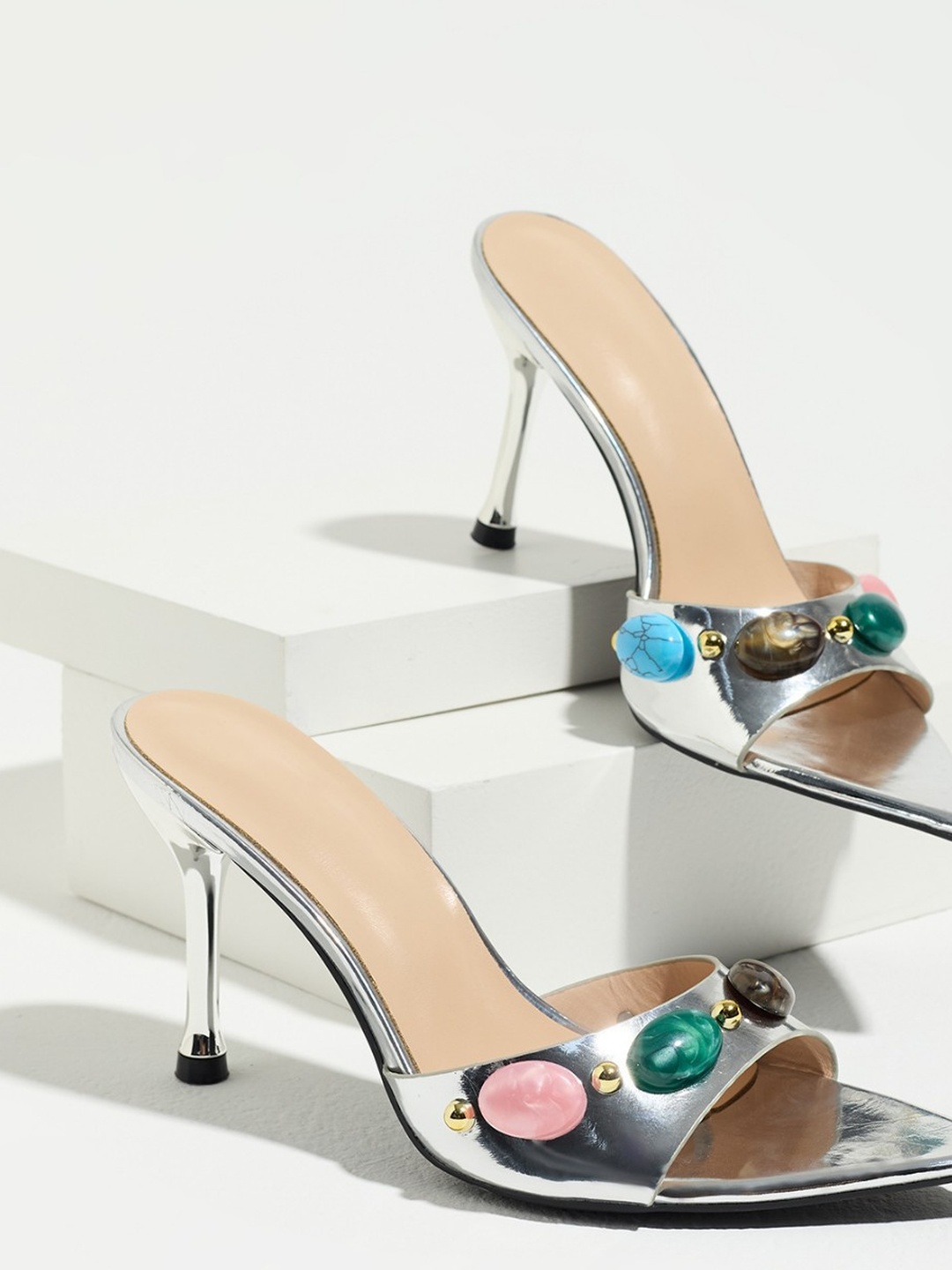 Silver Square Toe Mule Heels with Colored Stone Embellishments