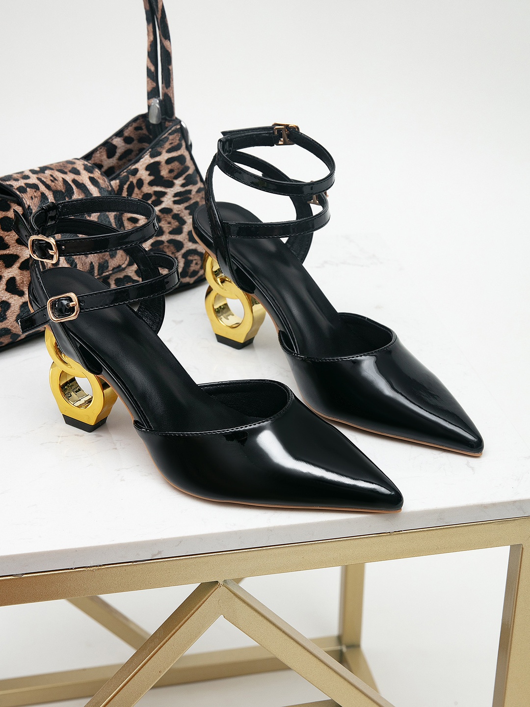 Womens Black Patent Pointed-Toe Ankle Strap Chain Heel Pumps