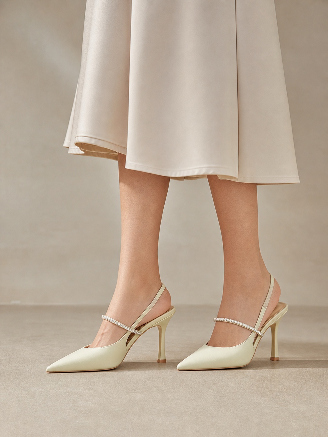 Ivory Pointed Toe Slingback Stiletto Heels with Rhinestone Strap