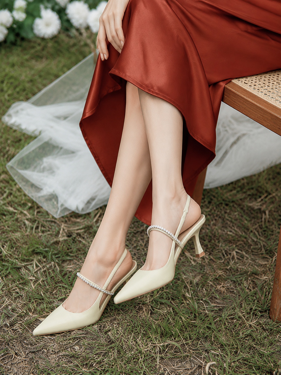 Ivory Pointed Toe Slingback Stiletto Heels with Rhinestone Strap