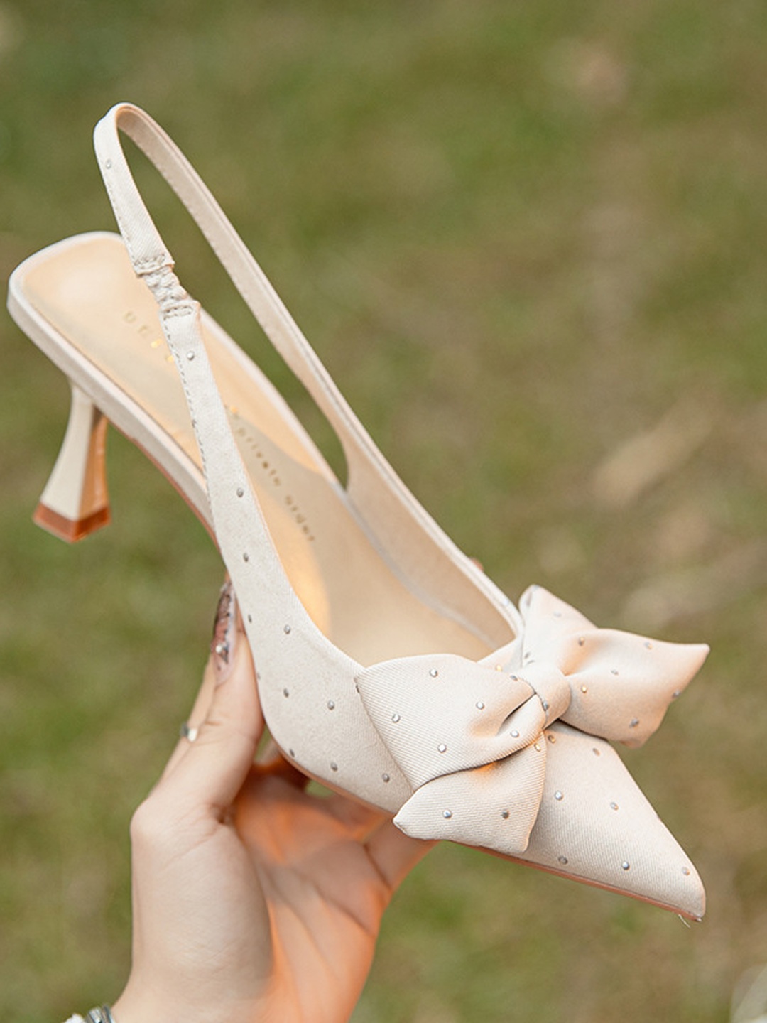 Nude Rhinestone Bow Slingback High Heels