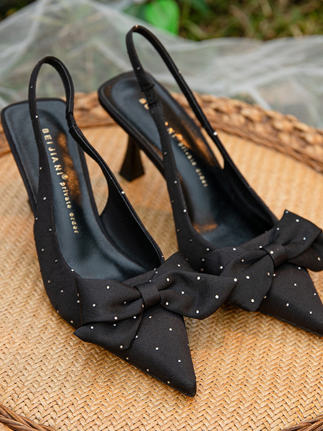 Black Slingback Pumps with Bow and Mid Heel