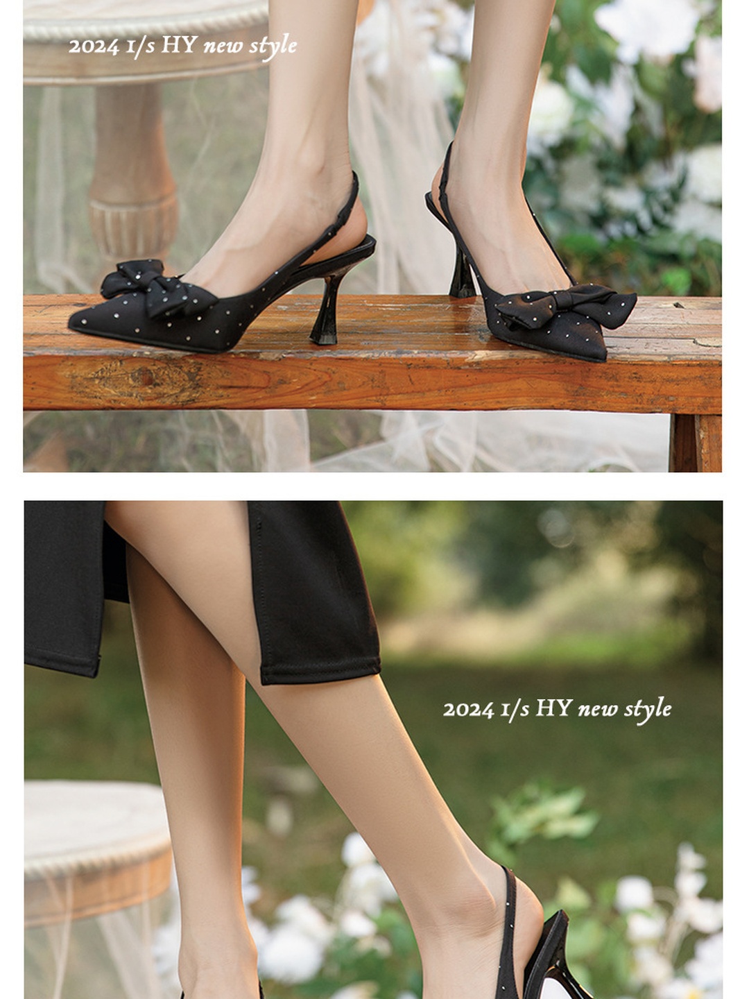 Black Slingback Pumps with Bow and Mid Heel