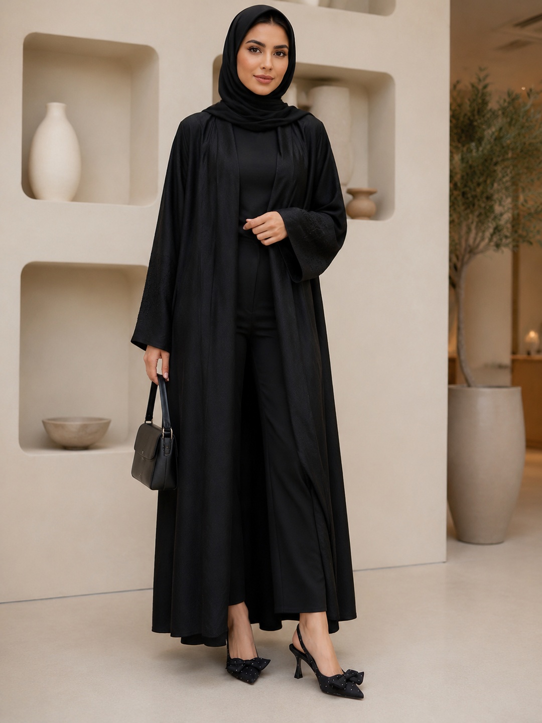 Black Slingback Pumps with Bow and Mid Heel