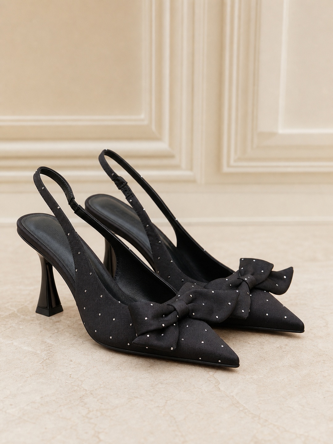 Black Slingback Pumps with Bow and Mid Heel