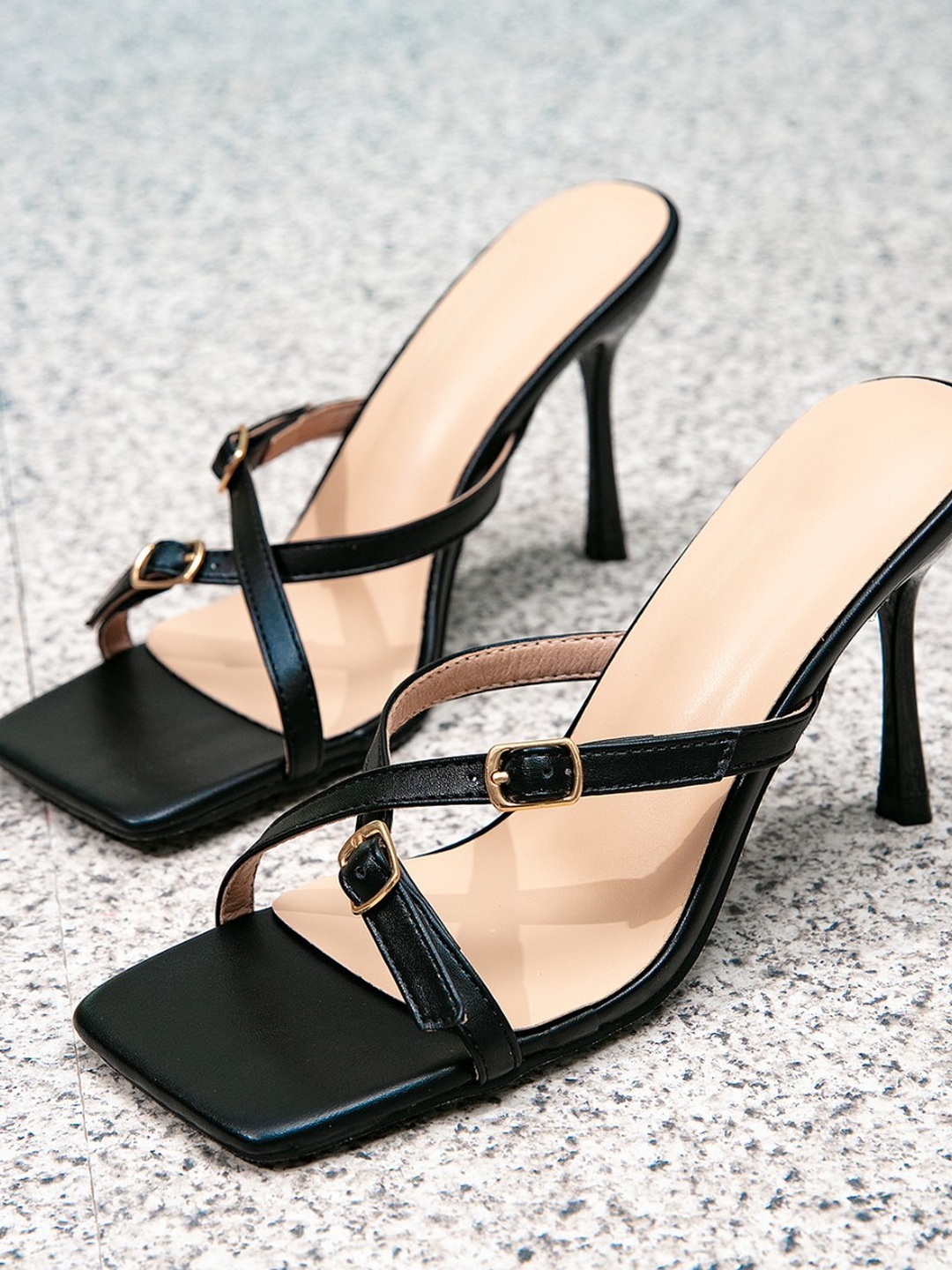 Black Stiletto Sandals with Square Toe and Buckle Straps