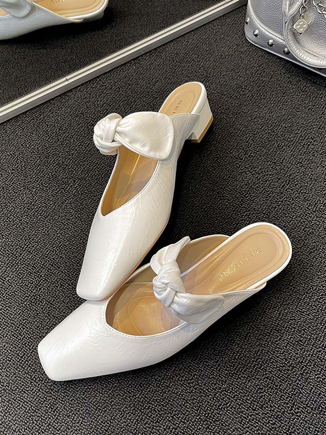 White Low-Heel Mules with Bow Detail