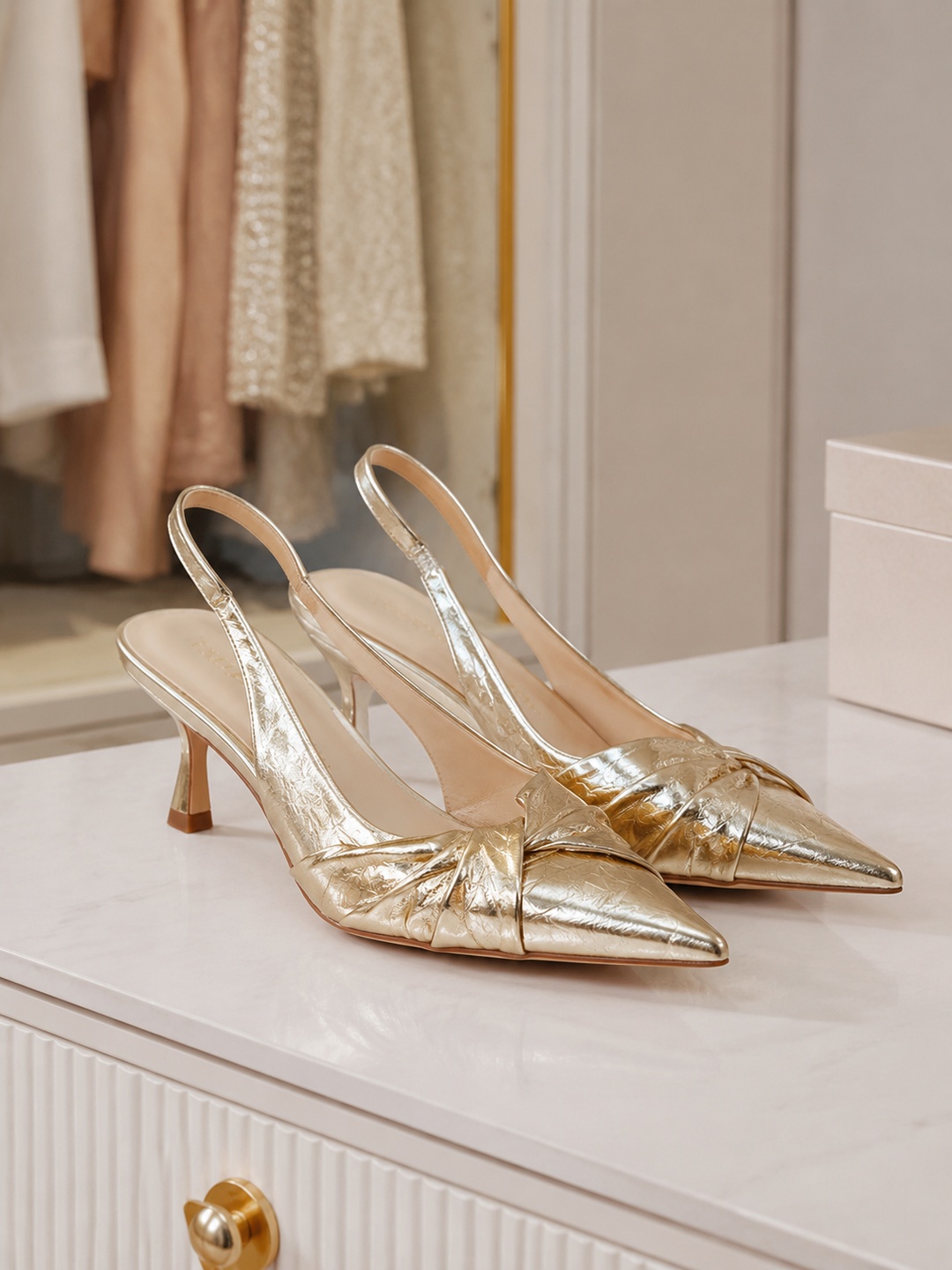 Gold Slingback Mid-Heel Sandals
