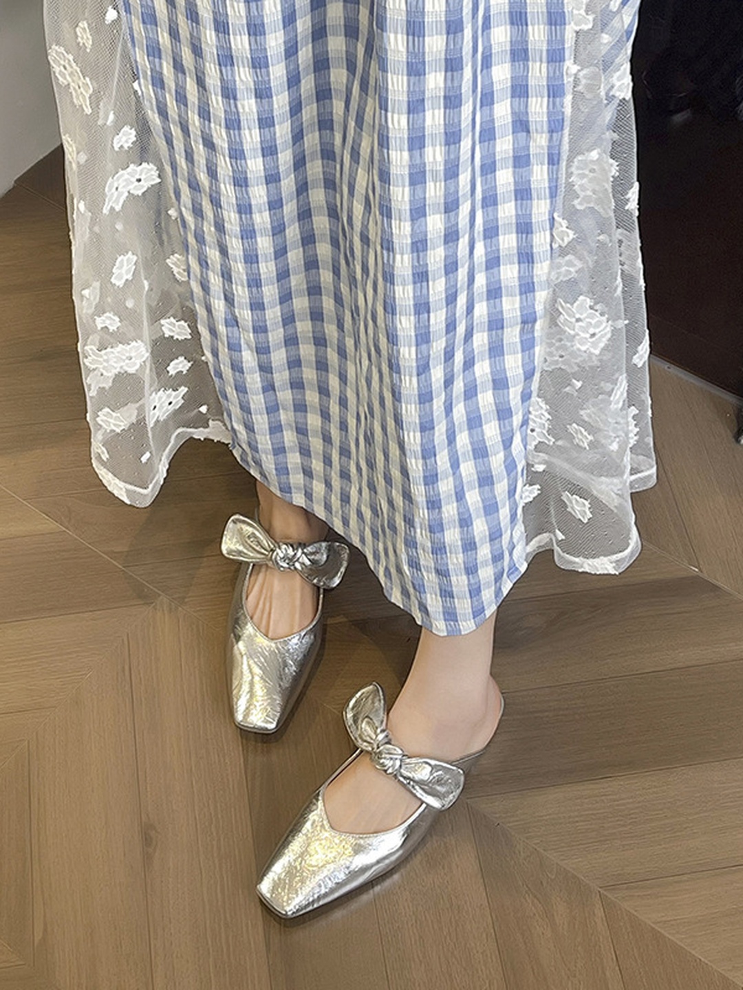 Silver Low Heel Square Toe Bow Mules