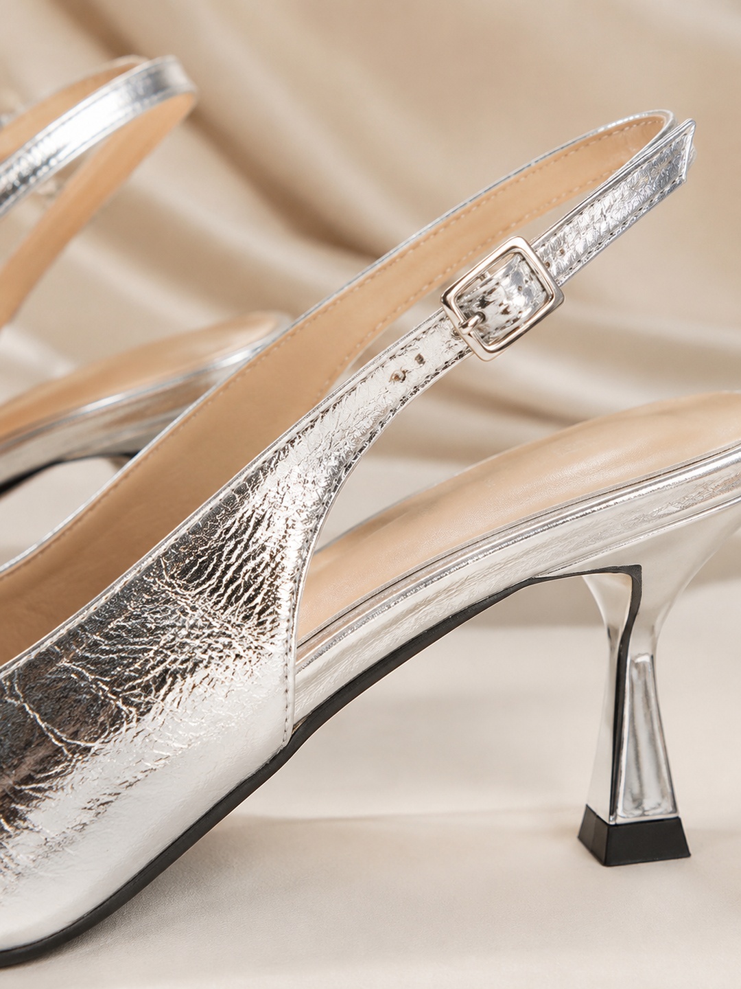 Silver Mid-Heel Slingback Sandals for Women