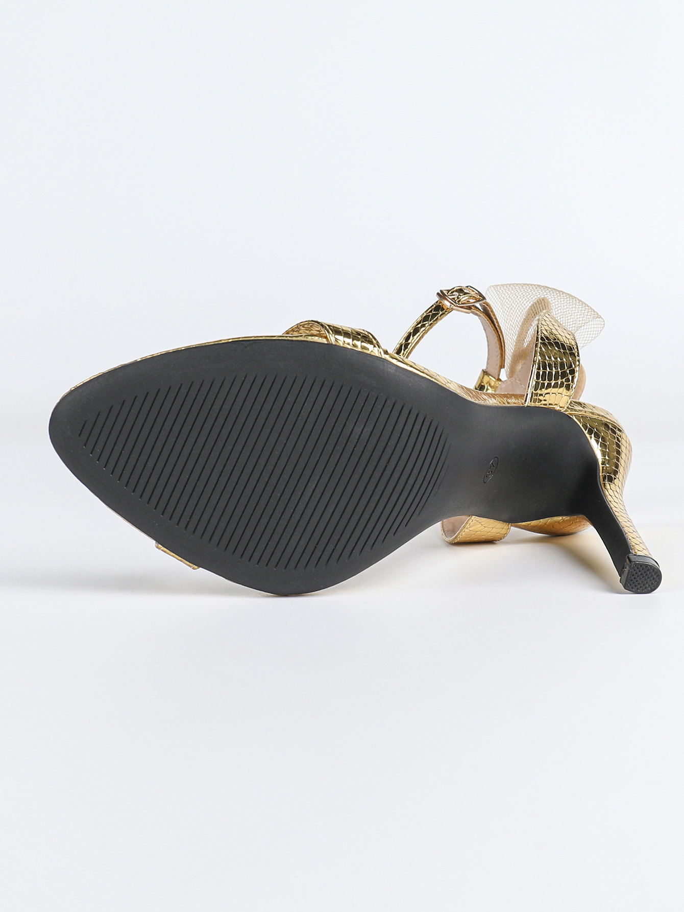 Golden Stiletto Sandals with Bow Detail - High Heel Ankle Strap