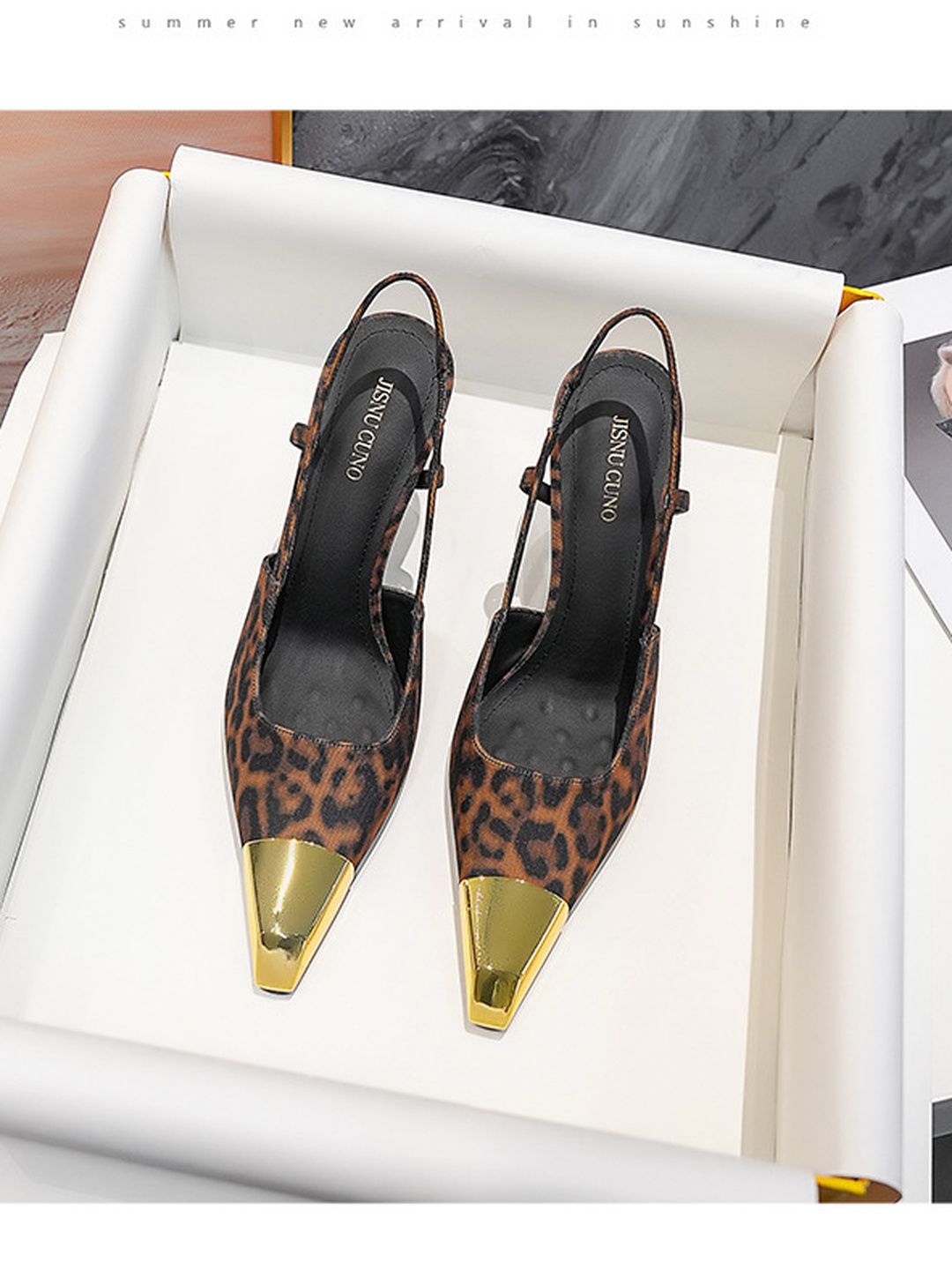 Leopard Print Slingback High Heel Sandals with Gold Toe