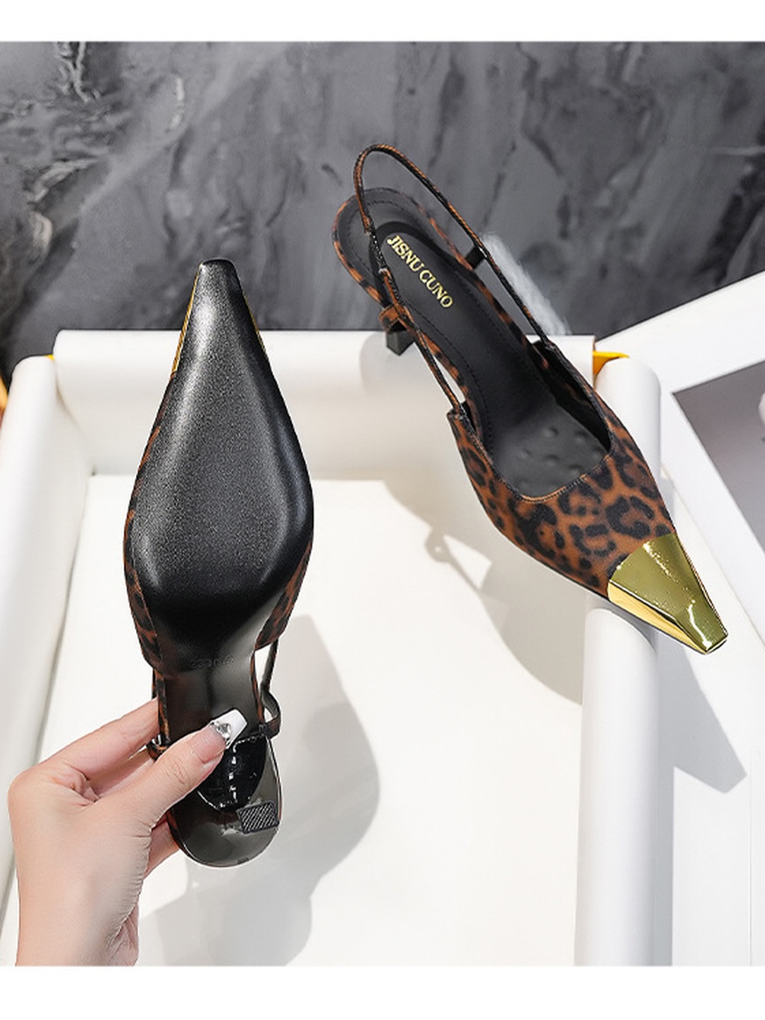 Leopard Print Slingback High Heel Sandals with Gold Toe