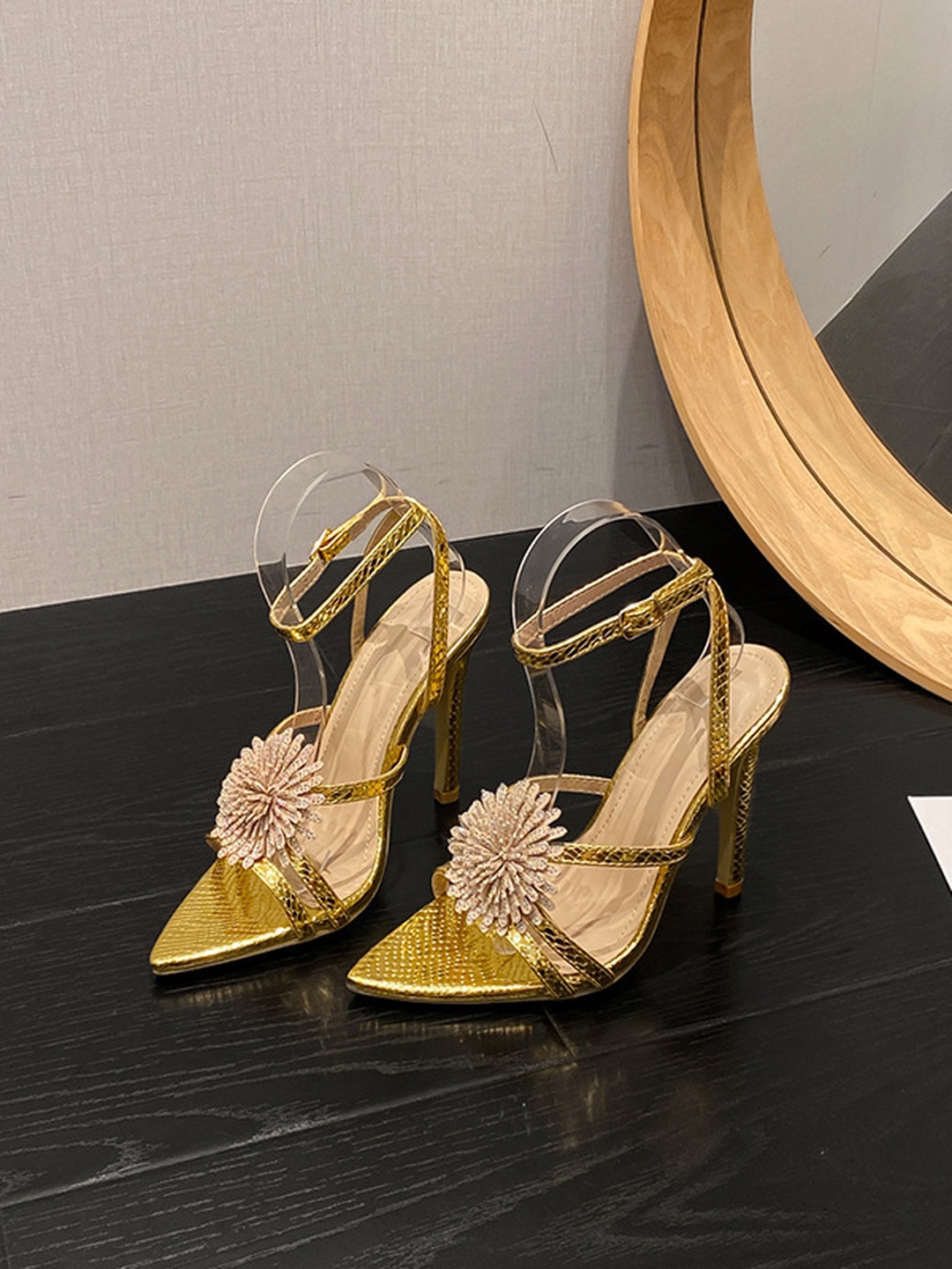 Golden Glamour- Pointed-Toe High-Heel Sandals with Embellished Flower