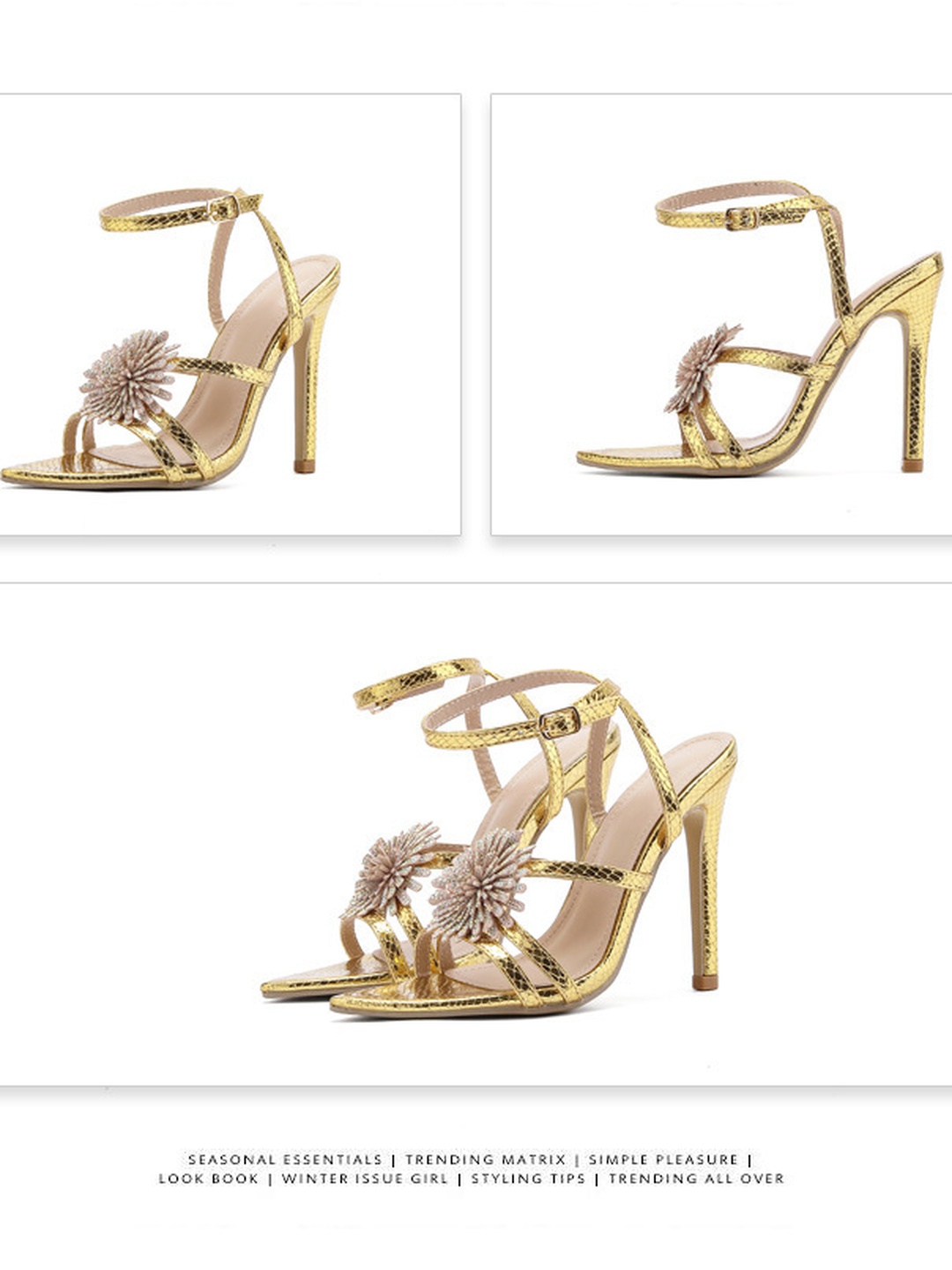 Golden Glamour- Pointed-Toe High-Heel Sandals with Embellished Flower