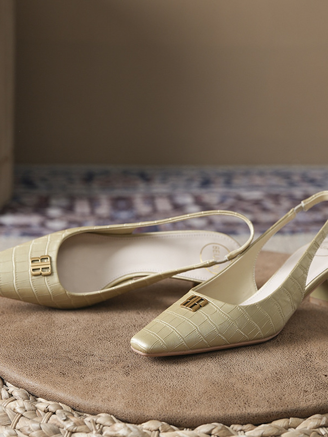 Nude Croc-Embossed Square Toe Slingback Low Heel Pumps