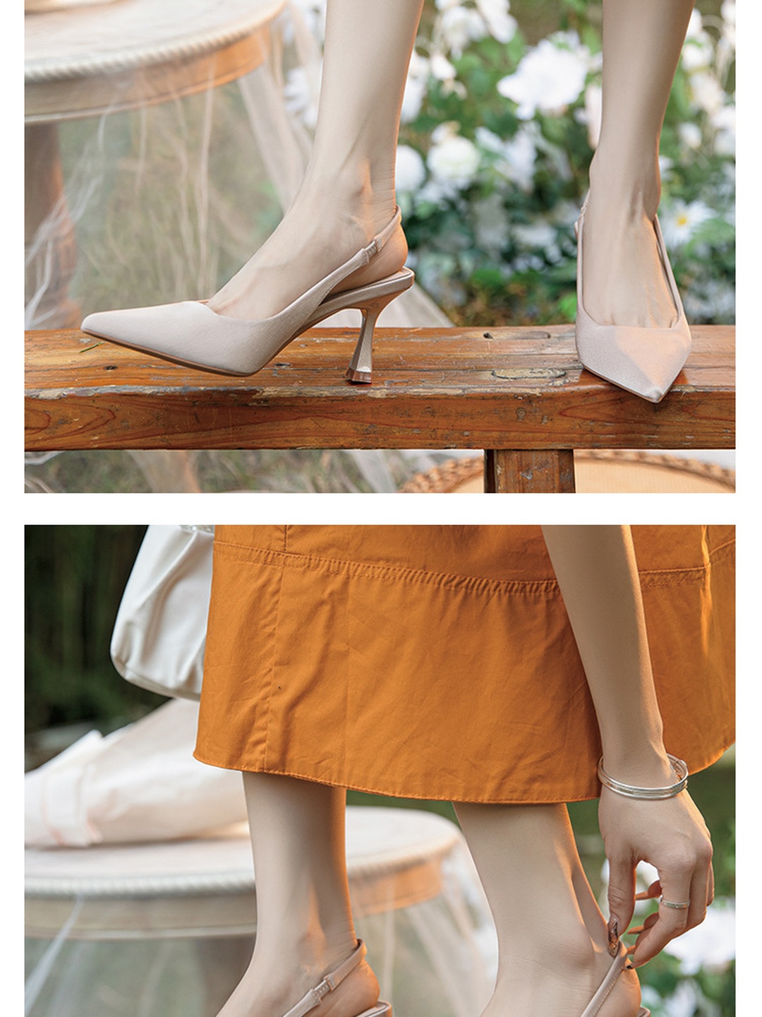 Beige Slingback Mid-Heel Pumps for Women