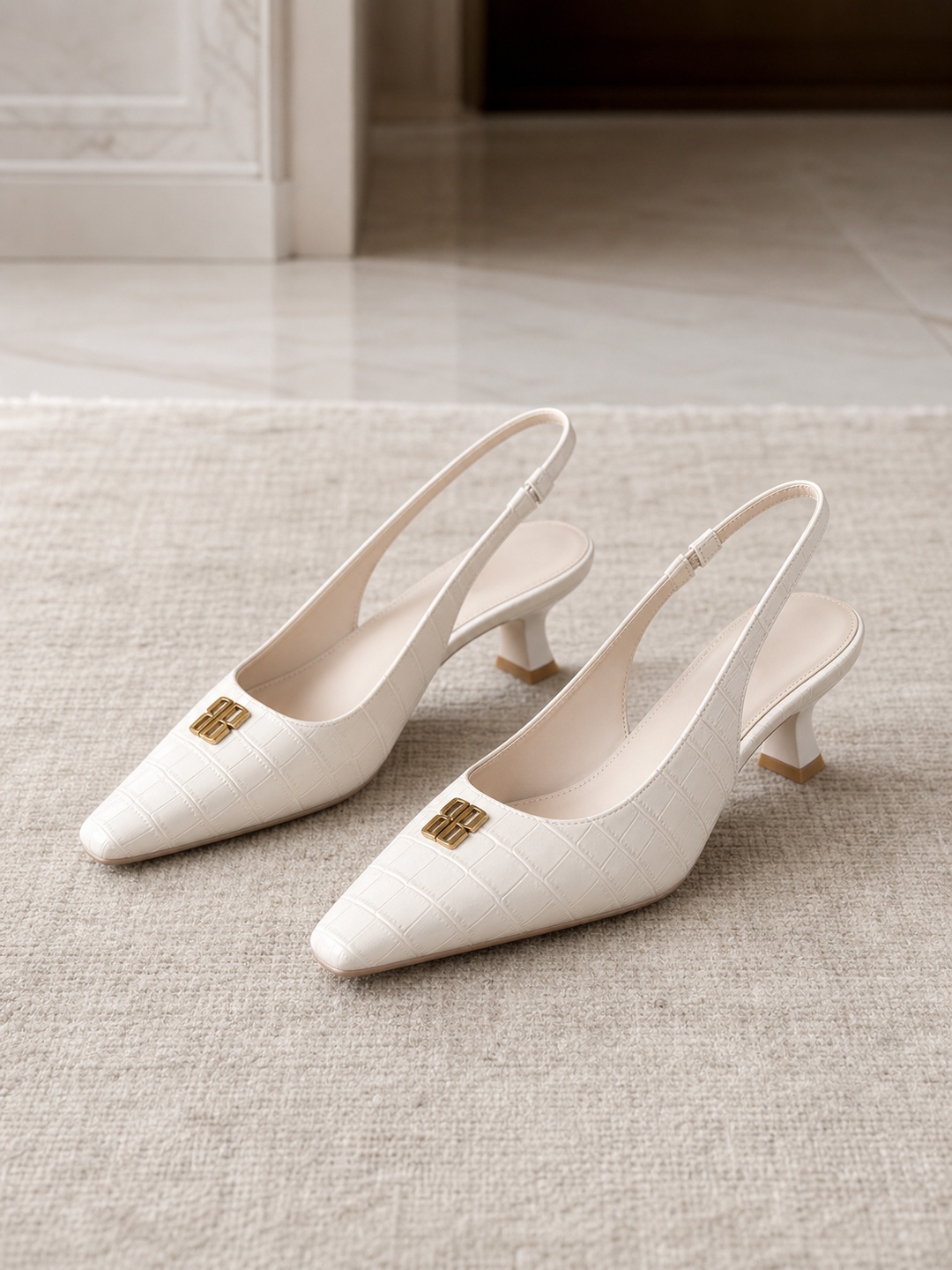 White Croc Slingback Mid-Heel Pumps