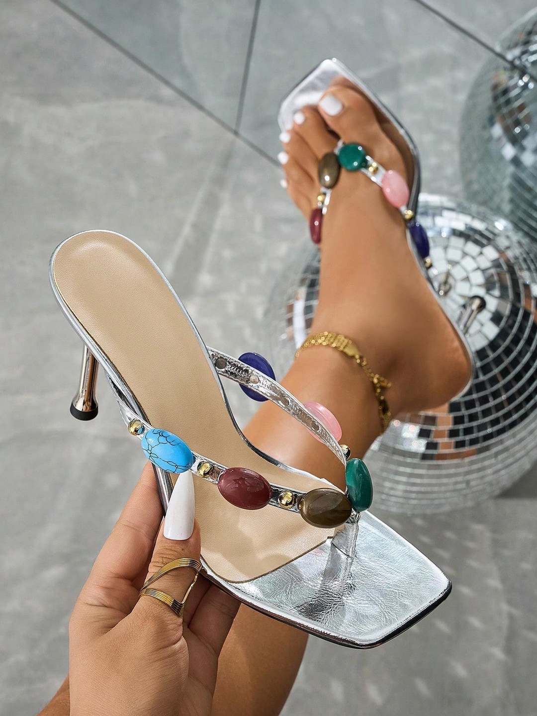 Silver High Heel Sandals with Gemstone Strap