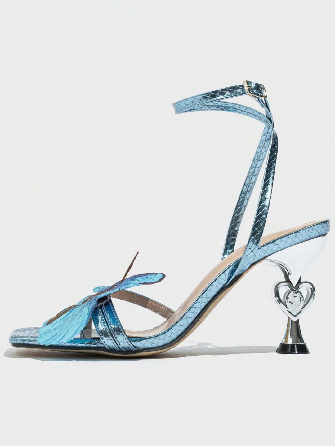 Blue Butterfly Mid-Heel Sandals with Ankle Strap