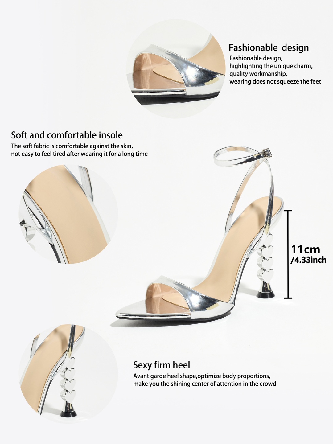 Silver Heart-Heel Sandals with Ankle Strap