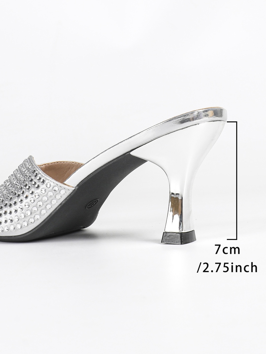 Shimmering Silver Rhinestone Mule Sandals - Mid Heel