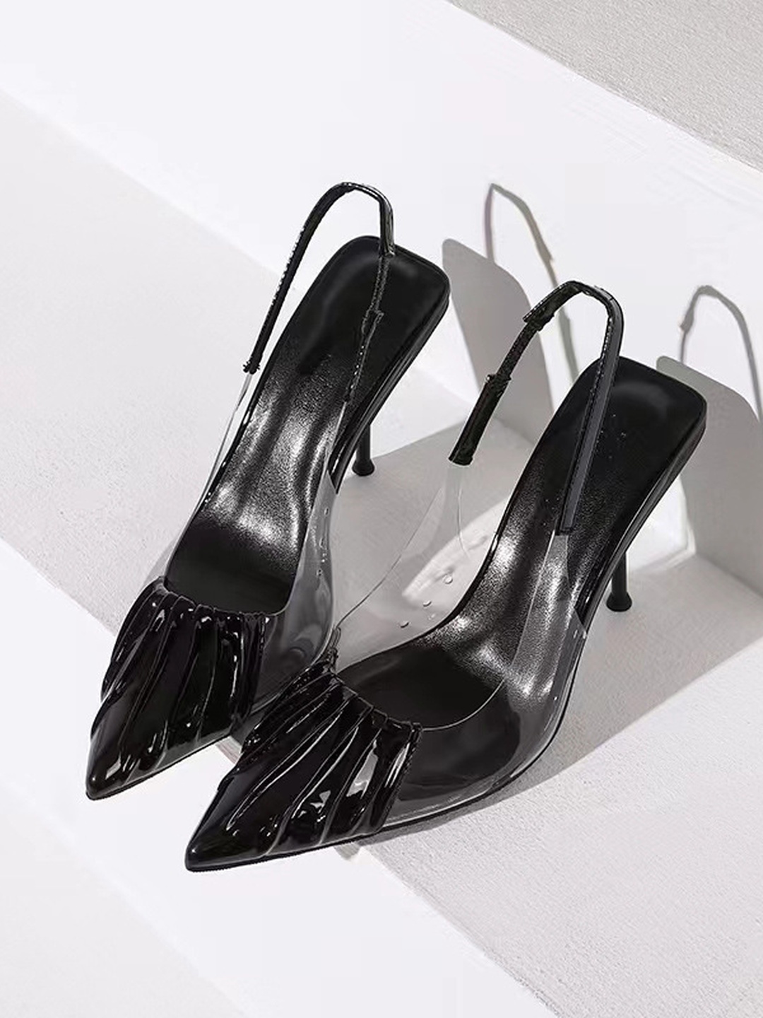 Black Pointed-Toe Clear Slingback High Heels
