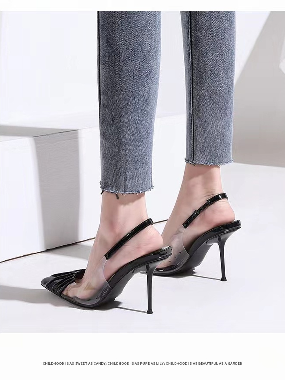 Black Pointed-Toe Clear Slingback High Heels