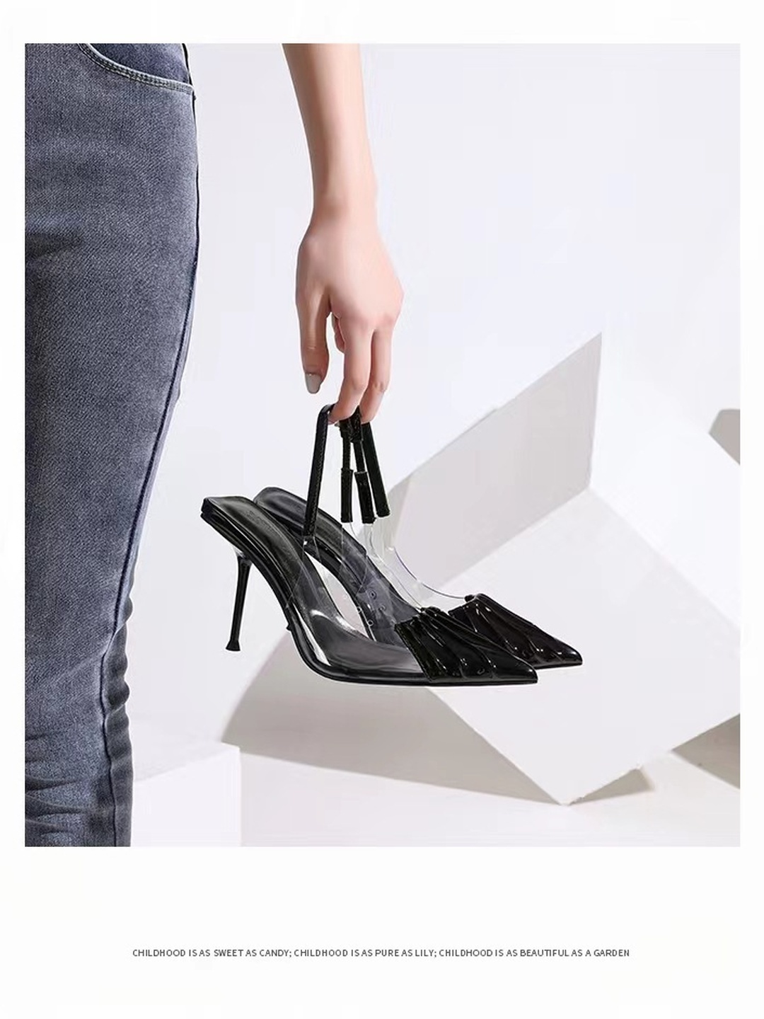Black Pointed-Toe Clear Slingback High Heels