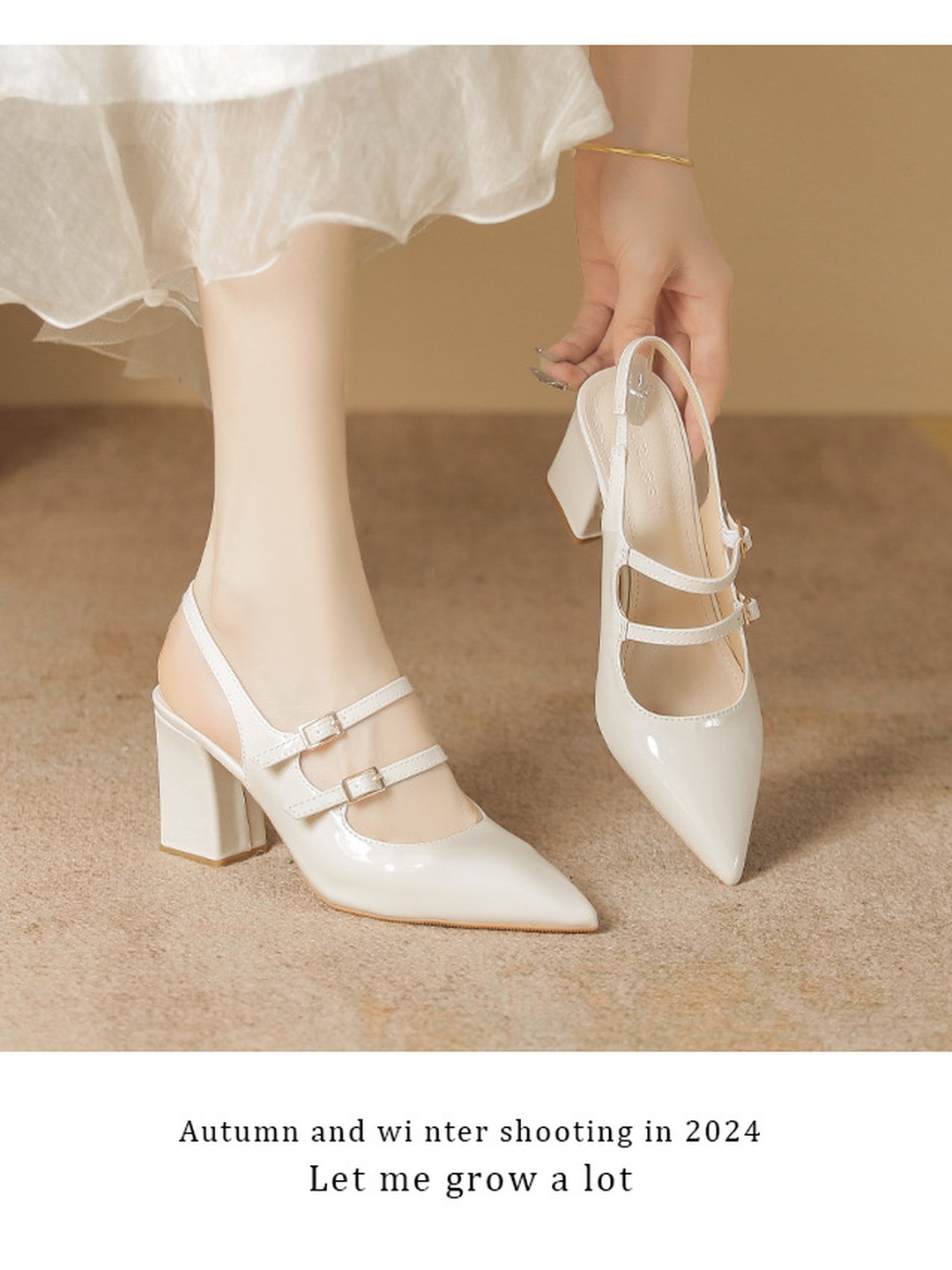 White Pointed Toe Slingback Pumps with Block Heel