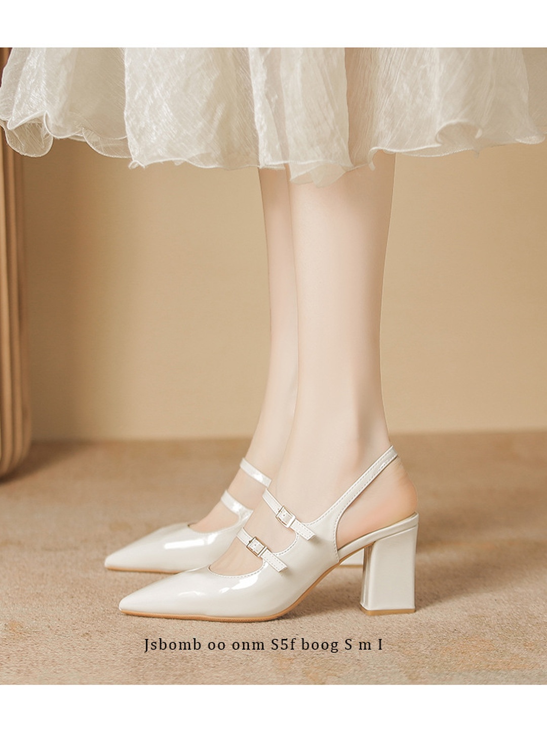 White Pointed Toe Slingback Pumps with Block Heel