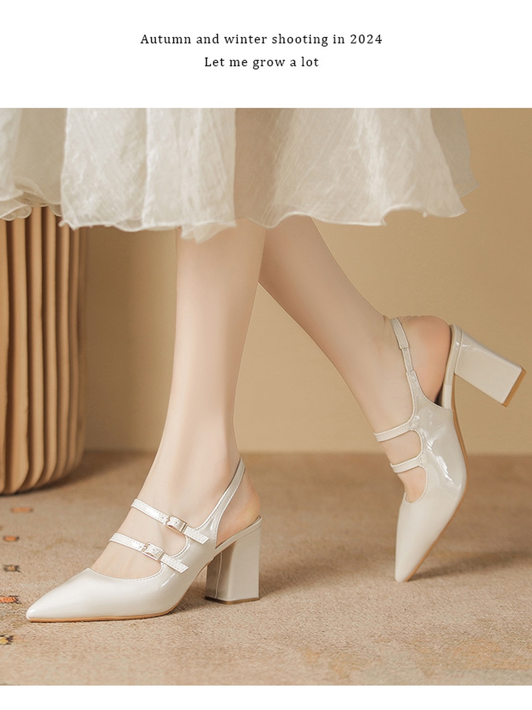 White Pointed Toe Slingback Pumps with Block Heel