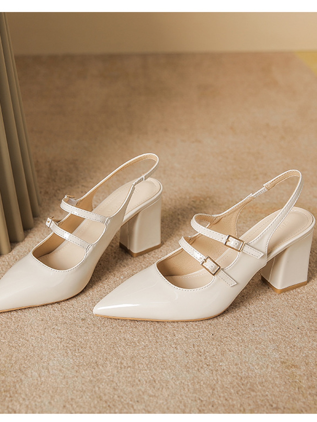 White Pointed Toe Slingback Pumps with Block Heel