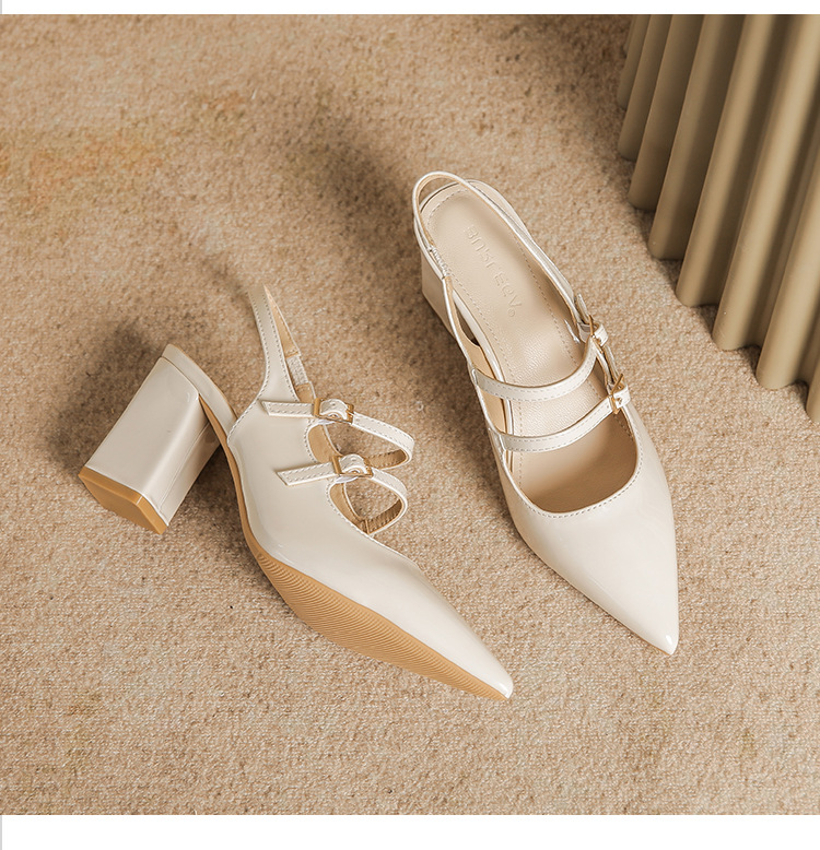 White Pointed Toe Slingback Pumps with Block Heel